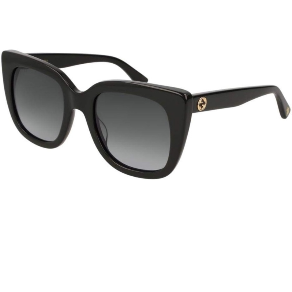 Brand: Gucci Model: GG0163SK black sunglasses with GG gold emblem on the sides